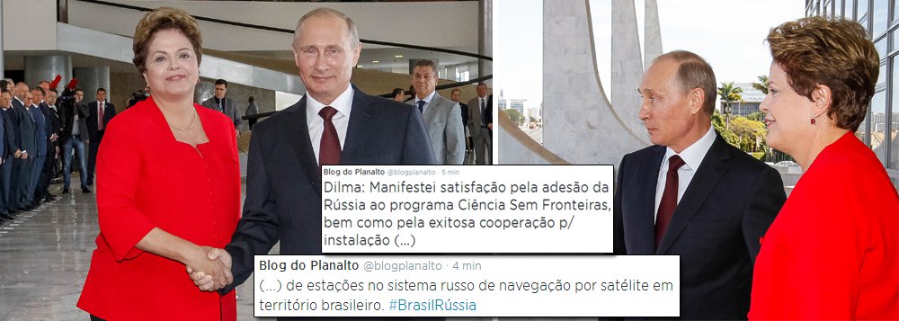 Cooperação tecnológica com instalação de bases de satélites russos no Brasil e utilização, pelo País, do sistema de comunicação da potência europeia é acertada entre presidentes Dilma Rousseff e Vladmir Putin; encontro no Palácio do Planalto aconteceu antes de início da reunião dos BRICs, em Fortaleza; "Queremos elevar nosso comércio bilateral para 10 bilhões de dólares", disse Dilma; setores de energia e infraestrutura poderão receber investimentos de empresas russas; transmissão da Copa do Mundo dá o mote para que, finalmente, se quebre o gelo histórico das relações bilaterais; novo eixo