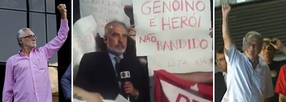 Do ponto de vista estético, José Dirceu e José Genoino tiveram, na noite de ontem, uma vitória; embora tenham sido presos num feriado, como se fossem bandidos de alta periculosidade, não foram apresentados algemados e tiveram a oportunidade de transformar a prisão num gesto político, quando ambos cerraram os punhos; enquanto noticiava o caso, Tonico Ferreira, da Globo, era cercado por manifestantes que lembravam uma verdade dura: a Globo apoiou a ditadura, combatida por Dirceu e Genoino; Eduardo Guimarães, editor do Blog da Cidadania, estava lá e conta como foi; vídeos