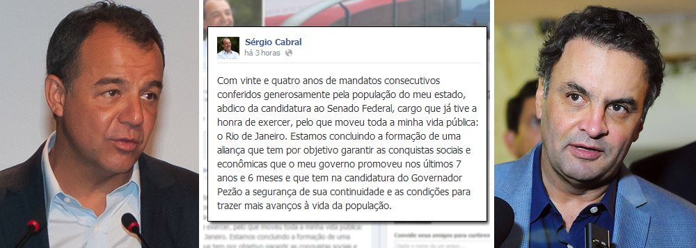 "Estamos concluindo a formação de uma aliança que tem por objetivo garantir as conquistas sociais e econômicas que o meu governo promoveu nos últimos 7 anos e 6 meses", escreveu o ex-governador do Rio nesta segunda-feira 23, em sua página no Facebook; ele também confirmou sua saída da disputa nas eleições, em favor do nome de César Maia (DEM): "abdico da candidatura ao Senado Federal"