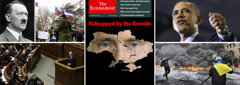 Revista inglesa pede sanções políticas e econômicas contra a Russia, compara presidente Vladmir Putin a líder nazista Adolph Hitler e avisa que mundo tem um novo inimigo sequestrador de países; na vida real, porém, governo constitucional da Crimeia chama observadores para acompanhar plebiscito pela anexação no domingo, leis internacionais legitimam separação e aumentam indícios da participação de neonazistas em golpe contra governo da Ucrânia; sabujice histórica da Inglaterra frente aos Estados Unidos explica incentivo ao recrudescimento das tensões entre as potências feito pela Economist; em cruzada diplomática, Putin diz que decisão dos habitantes da Crimeia terá de ser respeitada; não sendo santo, presidente da Rússia é necessariamente um monstro?