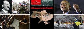 Revista inglesa pede sanções políticas e econômicas contra a Russia, compara presidente Vladmir Putin a líder nazista Adolph Hitler e avisa que mundo tem um novo inimigo sequestrador de países; na vida real, porém, governo constitucional da Crimeia chama observadores para acompanhar plebiscito pela anexação no domingo, leis internacionais legitimam separação e aumentam indícios da participação de neonazistas em golpe contra governo da Ucrânia; sabujice histórica da Inglaterra frente aos Estados Unidos explica incentivo ao recrudescimento das tensões entre as potências feito pela Economist; em cruzada diplomática, Putin diz que decisão dos habitantes da Crimeia terá de ser respeitada; não sendo santo, presidente da Rússia é necessariamente um monstro?