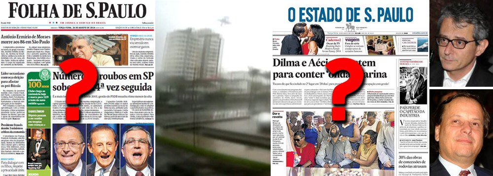 Jornais das famílias Frias e Mesquita apagam de suas páginas menção à situação de sem dono do Citation PR-AFA, no qual morreram ex-governador Eduardo Campos e mais seis pessoas, 13 dias atrás; propriedade do aparelho é fundamental para efeito de reconhecimento de responsabilidades e pagamento de seguros; PSB pode ter incorrido em crime eleitoral, passível de impugnação de candidatura; mas assunto que constrange presidenciável Marina Silva já virou pé de página no jornal Folha de S. Paulo, sem qualquer referência na capa, e não mereceu uma linha sequer no Estadão, que preferiu fazer editorial pró-candidata do PSB, intitulado Marina e a democracia; até O Globo, dos três irmãos Marinho, registrou imbróglio na 1ª página; cobertura jornalística à marinara servida ao leitor