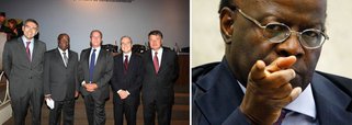 Depois de tanto criticar "conluio" entre juízes e advogados, presidente do Supremo Tribunal Federal participou de um jantar oferecido pelo advogado Carlos Siqueira Castro (quarto da esq. à dir.), um dos mais atuantes na corte, de quem é colega na UERJ; questionado, Joaquim Barbosa pediu à sua assessoria informar que ele "não relata casos do advogado"; mas informação é 100% falsa; site do STF aponta que o presidente da corte atuou não apenas como relator, mas também como juiz em vários casos relatados pelo amigo Siqueira Castro; faça o que eu digo, não faça o que eu faço?