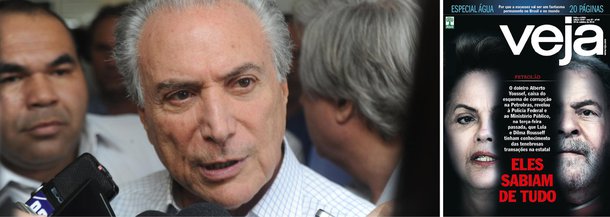 Vice-presidente da República, Michel Temer (PMDB), classificou como “campanha” a reportagem de capa criminosa da revista Veja com denúncias sobre o esquema de corrupção na Petrobras, investigado pela Polícia Federal (PF) na Operação Lava Jato; "A observação que eu faço é que a matéria da Veja não foi uma simples informação. Foi uma campanha, né? E, portanto, eu acho que ela não mudará as coisas. E eu acho que se o candidato Aécio quiser levantar este tema, de uma forma agressiva, acho que ela deve repudiar", disse
 