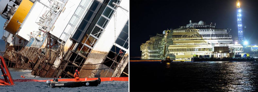 Equipes de resgate na ilha italiana de Giglio ergueram o navio de cruzeiro Costa Concordia nesta terça-feira, completando um dos mais complexos e caros projetos de recuperação de naufrágios em todos os tempos