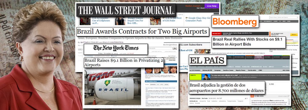 Mídia internacional muda de aposta em relação ao Brasil, após sucesso das concessões dos aeroportos do Galeão e de Confins; Wall Street Journal, New York Times e agência Bloomberg destacam valor superior a R$ 20 bilhões arrecado pelo governo; "Representa uma alta para o governo Dilma Rousseff", reconheceu o WSJ; já o NYT lembrou que leilões da manhã desta sexta-feira 22 ultrapassaram soma arrecadada na batida do martelo pelo campo petrolífero de Libra, na região do pré-sal; críticos da política econômica do País, jornal britânico Financial Times registra resultado discretamente, enquanto revista The Economist não abordou o fato durante a tarde