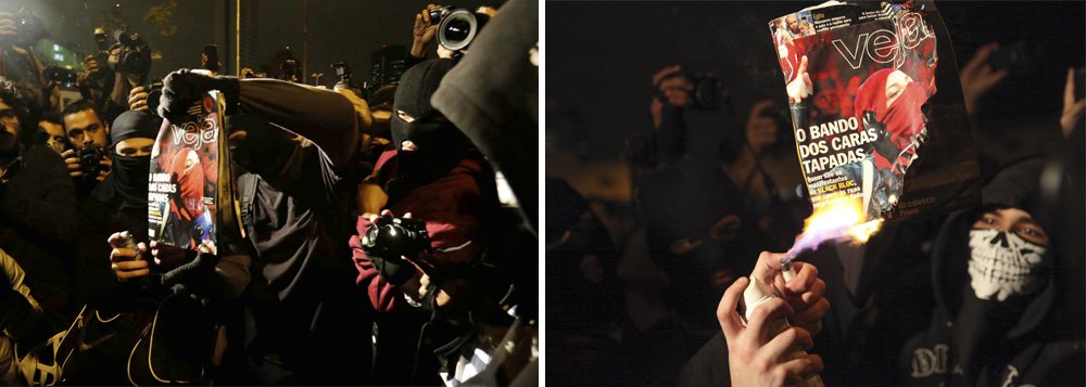 "Aqui não é vandalismo, Aqui é ideologia. Todo mundo veio do trabalho para cá. Vandalismo é a fila do SUS. Vandalismo é dirigir bêbado, dirigir e matar", disse um dos participantes do protesto, que acontece em São Paulo; os manifestantes queimaram o exemplar de "Veja", que estampou em sua capa da semana passada uma reportagem sobre o movimento "black bloc" no mundo; pedras foram jogadas contra o prédio da Abril (Foto: Valter Lima) "Aqui não é vandalismo, Aqui é ideologia. Todo mundo veio do trabalho para cá. Vandalismo é a fila do SUS. Vandalismo é dirigir bêbado, dirigir e matar", disse um dos participantes do protesto, que acontece em São Paulo; os manifestantes queimaram o exemplar de "Veja", que estampou em sua capa da semana passada uma reportagem sobre o movimento "black bloc" no mundo; pedras foram jogadas contra o prédio da Abril