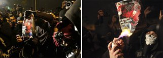 "Aqui não é vandalismo, Aqui é ideologia. Todo mundo veio do trabalho para cá. Vandalismo é a fila do SUS. Vandalismo é dirigir bêbado, dirigir e matar", disse um dos participantes do protesto, que acontece em São Paulo; os manifestantes queimaram o exemplar de "Veja", que estampou em sua capa da semana passada uma reportagem sobre o movimento "black bloc" no mundo; pedras foram jogadas contra o prédio da Abril