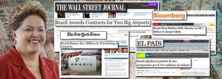 Mídia internacional muda de aposta em relação ao Brasil, após sucesso das concessões dos aeroportos do Galeão e de Confins; Wall Street Journal, New York Times e agência Bloomberg destacam valor superior a R$ 20 bilhões arrecado pelo governo; "Representa uma alta para o governo Dilma Rousseff", reconheceu o WSJ; já o NYT lembrou que leilões da manhã desta sexta-feira 22 ultrapassaram soma arrecadada na batida do martelo pelo campo petrolífero de Libra, na região do pré-sal; críticos da política econômica do País, jornal britânico Financial Times registra resultado discretamente, enquanto revista The Economist não abordou o fato durante a tarde