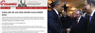 "Cuba teve que esperar 33 anos pelo simples ato de justiça desta sexta-feira, quando o Departamento de Estado americano oficializou a saída do nosso país da lista de nações patrocinadoras do terrorismo internacional, da qual nunca deveria ter constado", disse o jornal oficial "Granma" neste sábado, 30; segundo a publicação do Partido Comunista, embora a exclusão não traga alívio ao bloqueio econômico que a ilha enfrenta desde 1962, "a decisão justa do governo tem vários efeitos positivos", indica o jornal