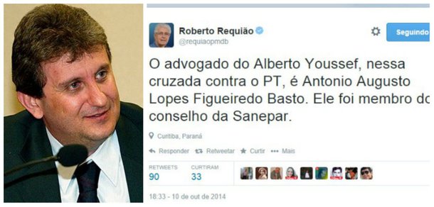 Pelo Twitter, senador Roberto Requião (PMDB), coordenador-geral da campanha de Dilma no Paraná, aponta ligações do advogado do doleiro Alberto Youssef, preso na Operação Lava Jato, com o tucanato paranaense; Figueiredo Basto foi conselheiro administrativo da Companhia de Saneamento do Paraná (Sanepar), até o último dia 28 de abril, e seria homem de confiança do governador reeleito Beto Richa (PSDB)