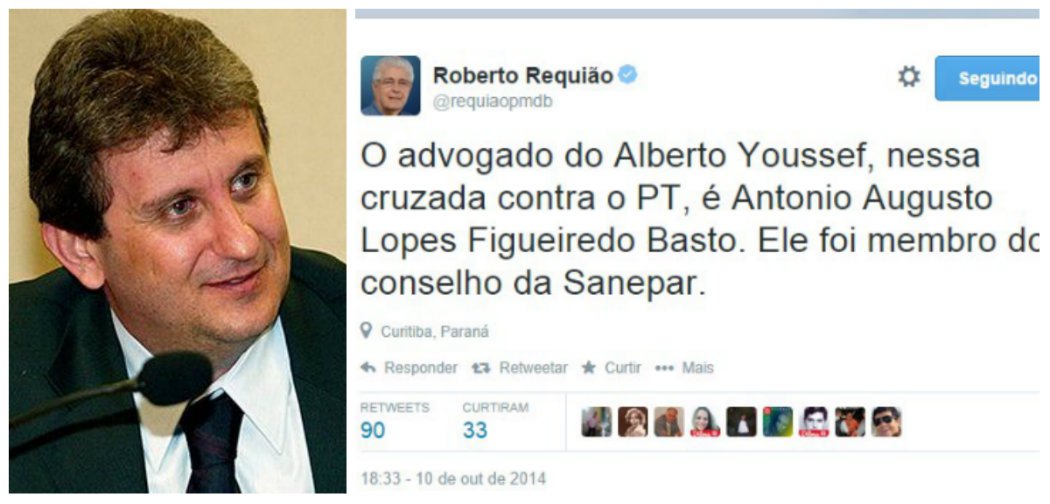 Pelo Twitter, senador Roberto Requião (PMDB), coordenador-geral da campanha de Dilma no Paraná, aponta ligações do advogado do doleiro Alberto Youssef, preso na Operação Lava Jato, com o tucanato paranaense; Figueiredo Basto foi conselheiro administrativo da Companhia de Saneamento do Paraná (Sanepar), até o último dia 28 de abril, e seria homem de confiança do governador reeleito Beto Richa (PSDB)