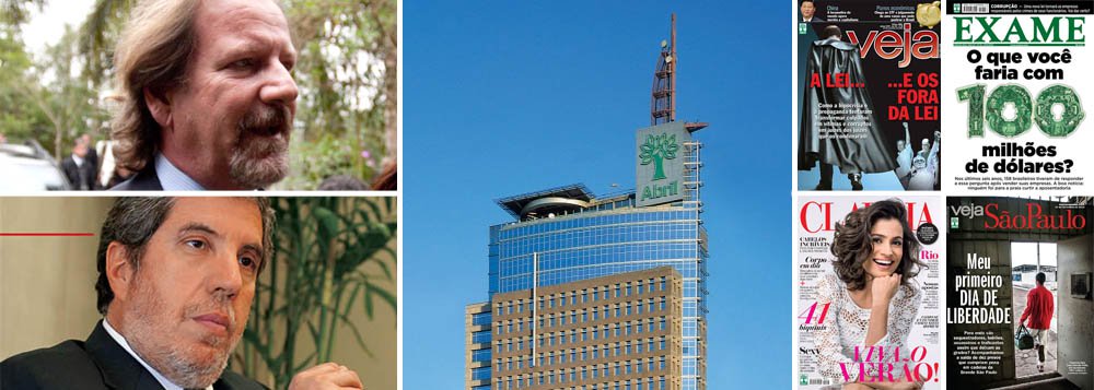 Dois mandatários da editora da revista Veja já admitem que foco da empresa mudou; "Estamos tentando adiar a queda da curva de receita", disse Fabio Barbosa (à esq., abaixo), titular da área de revistas do Grupo Abril, ao jornal Valor Econômico; "Se e quando as tiragens caírem, há novos produtos que podem ser feitos pela gráfica", resigna-se o herdeiro Gianca Civita; "A editora é um pilar, mas há outros pilares que valem ser desenvolvidos"; portfolio atual de 49 títulos vai sendo aglutinado em quatro setores; enxugamento no jornalismo minguante corresponderá a apostas em educação e logística; vai dar certo?