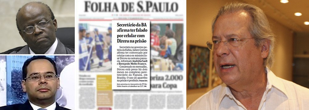 Mais uma pitada de surrealismo no processo que envolve o pedido de trabalho de José Dirceu: o juiz Bruno Ribeiro, filho de um dirigente do PSDB no Distrito Federal, resolveu que Joaquim Barbosa, presidente do Supremo Tribunal Federal, é que decidirá se o ex-ministro José Dirceu merece ser punido por, supostamente, ter falado ao celular, conforme denúncia da Folha de S. Paulo, negada pelos fatos e desmentida por uma sindicância interna do sistema prisional; foi neste caso que Barbosa revogou decisão anterior do ministro Ricardo Lewandowski, criando mal-estar inédito no STF; perseguição salta aos olhos e chama a atenção de juristas, como Celso Bandeira de Mello