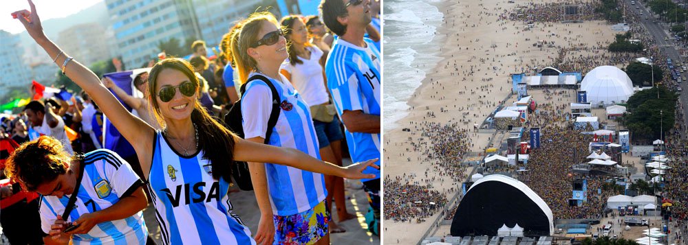 Evento na Praia de Copacabana, zona sul do Rio, recebeu 41,2 mil pessoas ao longo do dia; cerca de 10 mil argentinos tinham ingressos para o jogo contra a Bósnia, no Estádio Maracanã, na zona norte; outros milhares disputaram as areias; antes do jogo, até as 17h30, o público estimado na Fan Fest era 20 mil pessoas; ao final, cantora Beth Carvalho subiu ao palco; a próxima partida da Argentina é no sábado (21), contra o Irã, em Belo Horizonte