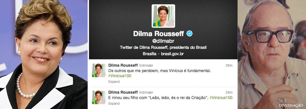 A presidente Dilma Rousseff (PT) fez uma série de postagens no Twitter neste sábado (19) homenageando o centenário do poeta e compositor Vinícius de Moraes; "Vinícius de Moraes faria 100 anos hoje. Saudá-lo é homenagear o lirismo de cada brasileiro. Poeta de primeira grandeza, compositor genial e agitador cultural, Vinícius faz parte da alma brasileira", afirmou