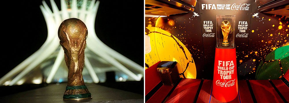 A Taça da Copa desembarca em Brasília nesta terça-feira (27) e ficará exposta, até o dia seguinte, na área externa do estádio Mané Garrincha; o troféu de ouro maciço 18 quilates realizou a mais longa viagem em toda a sua história; foram 89 países e aproximadamente 150 mil quilômetros percorridos, o equivalente a aproximadamente três voltas ao redor do planeta