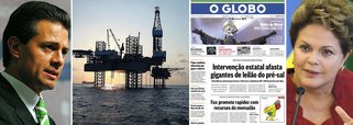 Decisão do governo liberal de Enrique Peña Nieto, que quebrou o monopólio estatal da Pemex, suga investimentos de empresas como Exxon, Chevron e Shell, para o Golfo do México; expectativa, agora, é que o leilão do maior campo do pré-sal brasileiro seja dominado por empresas asiáticas, especialmente chinesas, que estão ávidas por novas reservas; grupos nacionalistas defendem que a prioridade na exploração desses campos seja dada à Petrobras; Globo culpa "intervenção estatal" por "ausência de gigantes"
