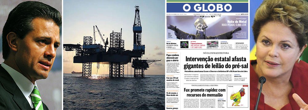 Decisão do governo liberal de Enrique Peña Nieto, que quebrou o monopólio estatal da Pemex, suga investimentos de empresas como Exxon, Chevron e Shell, para o Golfo do México; expectativa, agora, é que o leilão do maior campo do pré-sal brasileiro seja dominado por empresas asiáticas, especialmente chinesas, que estão ávidas por novas reservas; grupos nacionalistas defendem que a prioridade na exploração desses campos seja dada à Petrobras; Globo culpa "intervenção estatal" por "ausência de gigantes"