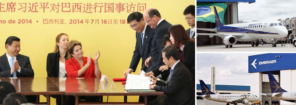 China encomenda 60 jatos E 190 à companhia brasileira Embraer; valor do negócio pode chegar a US$ 2,8 bilhões; assinatura ocorreu após encontro da presidente Dilma Rousseff com líder chinês Xi Jinping; Eximbank chinês ampliou para US$ 5 bilhões a atual linha de crédito para a mineradora Vale; China retirou embargo à compra de carne bovina brasileira; encontro entre Dilma e presidente chinês culminou na assinatura de 32 acordos; cúpula dos Brics seguida de visita oficial traz ganhos comerciais e diplomáticos ao País; criação do banco dos Brics foi bem recebida no mercado internacional; política externa de resultados