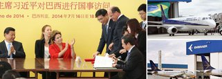 China encomenda 60 jatos E 190 à companhia brasileira Embraer; valor do negócio pode chegar a US$ 2,8 bilhões; assinatura ocorreu após encontro da presidente Dilma Rousseff com líder chinês Xi Jinping; Eximbank chinês ampliou para US$ 5 bilhões a atual linha de crédito para a mineradora Vale; China retirou embargo à compra de carne bovina brasileira; encontro entre Dilma e presidente chinês culminou na assinatura de 32 acordos; cúpula dos Brics seguida de visita oficial traz ganhos comerciais e diplomáticos ao País; criação do banco dos Brics foi bem recebida no mercado internacional; política externa de resultados