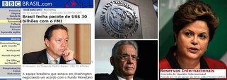 Após dois empréstimos no FMI, em 1998 e 2001, em agosto de 2002 o governo FHC recorreu novamente ao FMI; ministro Pedro Malan, da Fazenda, assinou acordo de US$ 30 bi; no ano seguinte, em abril, o recém eleito Lula quitou dívida com US$ 4,2 bi; não houve mais tomdas de crédito; Brasil até emprestou US$ 10 bi para o Fundo enfrentar crise mundial; hoje, governo tem reservas internacionais de US$ 379 bilhões; "Eles quebraram o Brasil, nós pagamos o FMI", disse ontem presidente Dilma Rousseff