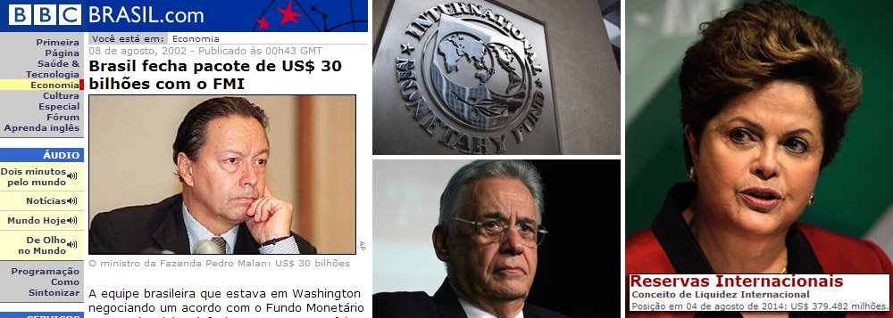 Após dois empréstimos no FMI, em 1998 e 2001, em agosto de 2002 o governo FHC recorreu novamente ao FMI; ministro Pedro Malan, da Fazenda, assinou acordo de US$ 30 bi; no ano seguinte, em abril, o recém eleito Lula quitou dívida com US$ 4,2 bi; não houve mais tomdas de crédito; Brasil até emprestou US$ 10 bi para o Fundo enfrentar crise mundial; hoje, governo tem reservas internacionais de US$ 379 bilhões; "Eles quebraram o Brasil, nós pagamos o FMI", disse ontem presidente Dilma Rousseff