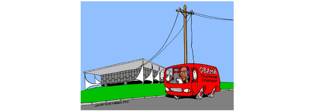 Charge de Carlos Latuff para o 247 retrata as ações de espionagem do governo americano sobre o brasileiro; a presidente já cobrou uma posição objetiva de Obama, que até o momento não foi claro o suficiente em suas justificativas