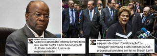 Potencial candidato nas eleições presidenciais de 2018, o ex-ministro do Supremo Tribunal Federal Joaquim Barbosa foi ao Twitter criticar a resposta da presidente Dilma Rousseff sobre a delação premiada do empresário Ricardo Pessoa; "Caberia à assessoria informar a Presidente que: atentar contra o bom funcionamento do Poder Judiciário é crime de responsabilidade!", escreveu, ressaltando que "'colaboração'" ou 'delação' premiada é um instituto penal-processual previsto em lei no Brasil! Lei!!!"; Dilma disse ontem a jornalistas que "não respeita delator" e que tomará medidas caso Pessoa faça acusações contra ela