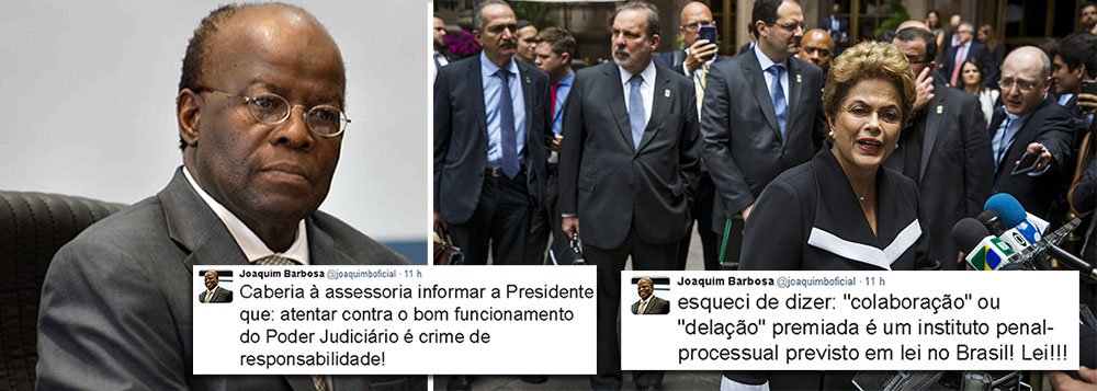 Potencial candidato nas eleições presidenciais de 2018, o ex-ministro do Supremo Tribunal Federal Joaquim Barbosa foi ao Twitter criticar a resposta da presidente Dilma Rousseff sobre a delação premiada do empresário Ricardo Pessoa; "Caberia à assessoria informar a Presidente que: atentar contra o bom funcionamento do Poder Judiciário é crime de responsabilidade!", escreveu, ressaltando que "'colaboração'" ou 'delação' premiada é um instituto penal-processual previsto em lei no Brasil! Lei!!!"; Dilma disse ontem a jornalistas que "não respeita delator" e que tomará medidas caso Pessoa faça acusações contra ela