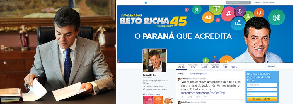 O candidato à reeleição, governador Beto Richa (PSDB) e sua vice, Cida Borghetti (Pros) foram condenados ao pagamento de multa, no valor de 15 mil UFIRs (pouco mais de R$ 15 mil), por terem utilizado o Twitter oficial do governo do Paraná para autopromoção; além da condenação, a Justiça Eleitoral determinou a imediata suspensão da prática, sob pena de aplicação de multa diária de R$ 100 mil; a decisão do Juiz Lourival Pedro Chemim atende a pedido da coligação Paraná Olhando Pra Frente, que tem Gleisi Hoffmann (PT) como candidata à governadora