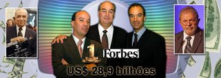 Herdeiros do empresário Roberto Marinho disparam no primeiro lugar do ranking da revista Forbes de famílias mais ricas do Brasil; irmãos fundadores do banco Safra mais a viúva Lily e prole dos Ermírio de Moraes, do Grupo Votorantim, ficam na poeira; contra os R$ 28, 1 bilhões acumulados por Roberto Irineu, João Roberto e José Roberto, eles têm, respectivamente, US$ 20,1 bilhões e R$ 15,4 bilhões; negócio de telecomunicações, cuja regulamentação é de 1962, como lembrou o ex-presidente Lula, tem concentração questionada em todo o mundo; debate sobre necessidade de Lei de Mídia tem fôlego renovado; lista completa