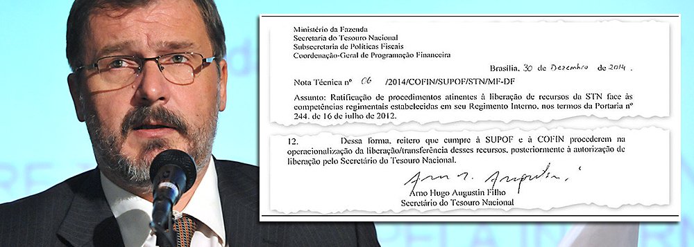 Em seu último dia no governo, ex-secretário do Tesouro Nacional Arno Augustin assinou documento no qual se diz responsável pela manobra; segundo auditores do Tribunal de Contas da União (TCU), a Nota Técnica 6, de 30 dezembro de 2014, poderia eximir a presidente Dilma Rousseff da culpa pelas manobras fiscais que melhoraram artificialmente o resultado das contas públicas no primeiro mandato; nos dois últimos parágrafos, ele afirma que coube a ele a decisão final sobre os valores repassados a ministérios e bancos federais