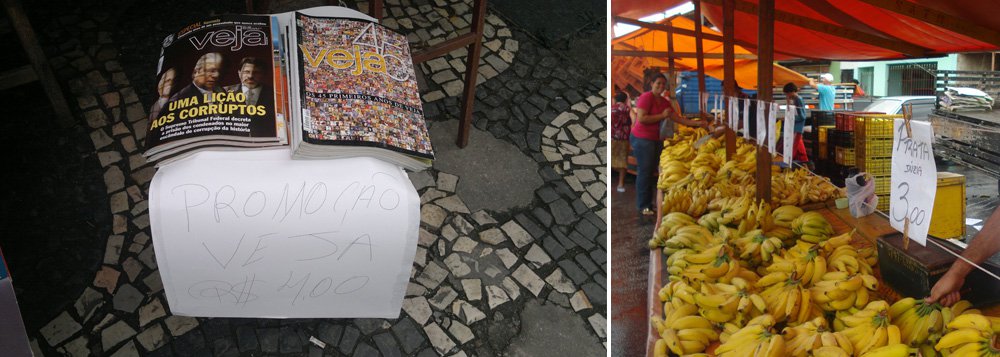 Paulo Nogueira, editor do Diário do Centro do Mundo, afirma que a circulação real hoje situa-se entre 100 mil e 200 mil exemplares, ao contrário do 1 milhão anunciado pela editora ao mercado; ele publica ainda foto da revista vendida "a preço de banana" no centro do Rio de Janeiro