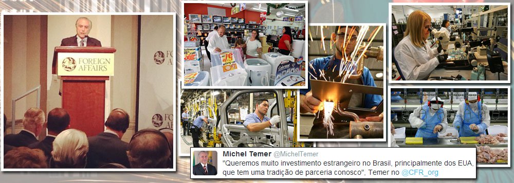 Vice-presidente defende política econômica em Nova York; em discurso a investidores, Michel Temer sustenta que País gerou 20 milhões de empregos em dez anos e continua prosperando; "Queremos muito investimento estrangeiro no Brasil, principalmente dos EUA, que tem uma tradição de parceria conosco", disse; depois de longo período de discrição, peemedebista sai a público para não deixar vácuo no momento em que esquentam as articulações para a eleição de outubro; PMDB mais calmo com presidente Dilma Rousseff demonstra que aliança com o PT deverá continuar no plano federal; e Temer não quer correr o risco de ficar de fora da chapa