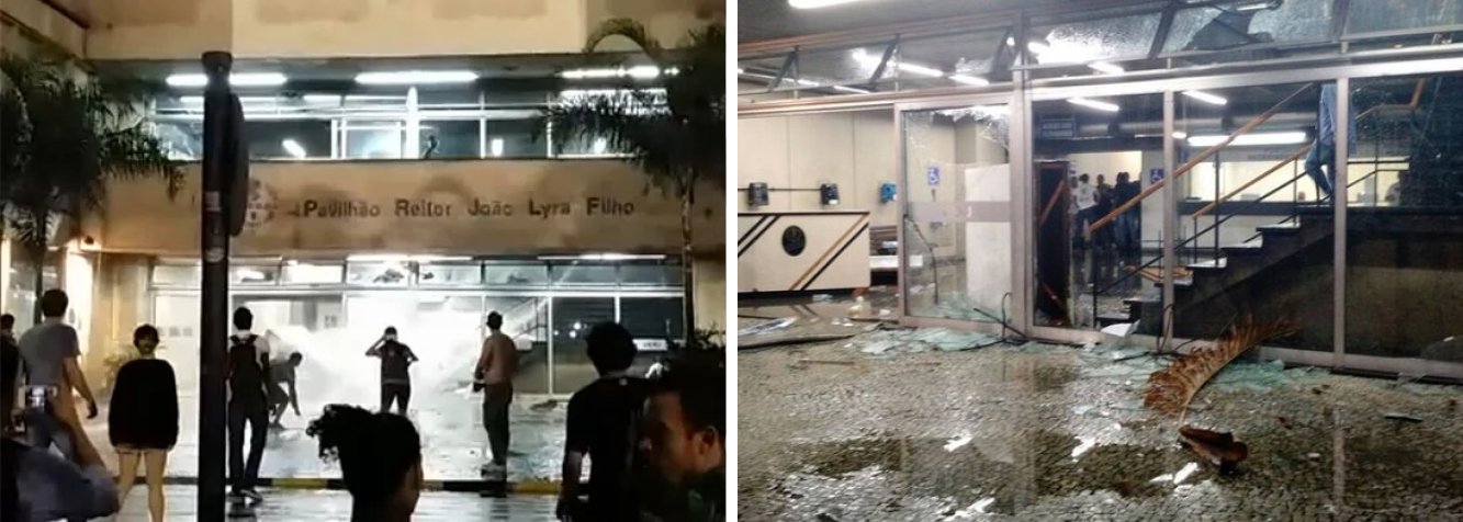 Funcionários da Universidade Estadual do Rio de Janeiro (UeRJ) reclamam de estragos feitos por alunos, enquanto alguns estudantes que estiveram na manifestação em solidariedade a moradores da Favela do Metrô reclamam da suposta brutalidade da segurança da instituição; a Polícia Civil vai investigar os tumultos após a manifestação; jovens informaram que seguranças espancaram um aluno após alguns colegas tentarem forçar entrada na universidade; funcionários dizem que um segurança também foi agredido