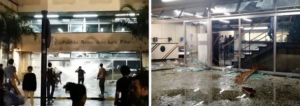 Funcionários da Universidade Estadual do Rio de Janeiro (UeRJ) reclamam de estragos feitos por alunos, enquanto alguns estudantes que estiveram na manifestação em solidariedade a moradores da Favela do Metrô reclamam da suposta brutalidade da segurança da instituição; a Polícia Civil vai investigar os tumultos após a manifestação; jovens informaram que seguranças espancaram um aluno após alguns colegas tentarem forçar entrada na universidade; funcionários dizem que um segurança também foi agredido