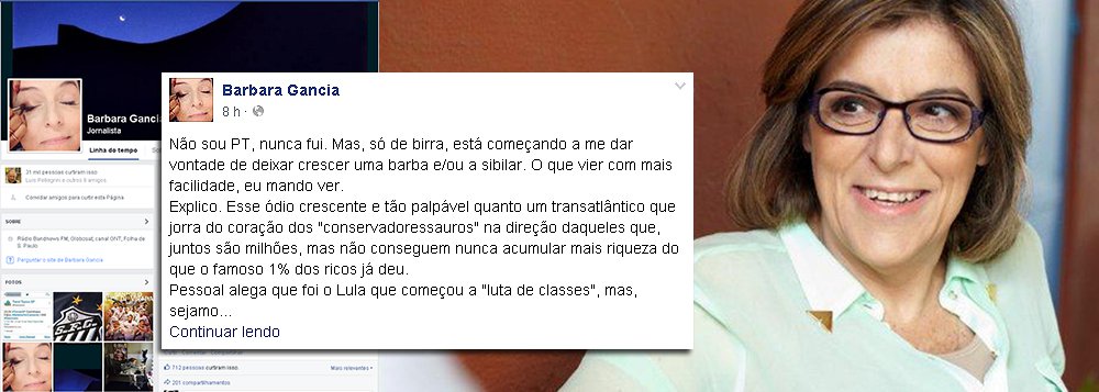 Jornalista critica 'esse ódio crescente e tão palpável ao PT quanto um transatlântico que jorra do coração dos "conservadoressauros" na direção daqueles que, juntos são milhões, mas não conseguem nunca acumular mais riqueza do que o famoso 1% dos ricos já deu'; ela ironiza ainda: "E o problema lá de Furnas e do Aécio? Há uma montanha de coisas em estados de todas as mais variadas importâncias, está faltando dizer isso a quem, ao Papai Noel? Sim, porque ao papa, pode crer, sendo argentino e odiando a Kirchner como odeia, a esta altura, ele já está ao par de tudo"