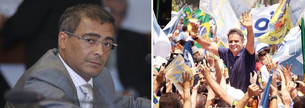 Senador eleito com recorde de votos no País, Romário marcou um gol para o candidato do PSDB quase no final da eleição; ele será a estrela de dois comerciais do PSDB no Rio de Janeiro e vai entrar no programa nacional de Aécio Neves; com 4,6 milhões de votos, o ex-jogador apoiou Marina Silva no primeiro turno; a mensagem é a de que Aécio irá levar suas bandeiras na área da saúde, como atenção a pessoas com doenças raras; os dois candidatos a governo do Estado, Luiz Fernando Pezão e Marcelo Crivella fazem campanha carregando o nome de Dilma Rousseff;