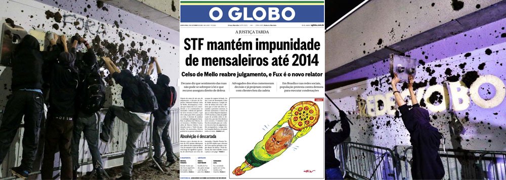 Os embargos na Ação Penal 470, confirmados ontem por Celso de Mello, serão a primeira chance de apelação para alguns réus; de acordo com o decano, representam uma proteção essencial do indivíduo contra o arbítrio, muitas vezes estimulado por meios de comunicação; inconformada, a Globo noticia uma "pizza", com direito a charge de Chico Caruso; no entanto, se a Globo é contra recursos, por que apresentou um no processo em que foi condenada por, supostamente, sonegar R$ 713 milhões?; atitudes desse tipo, que violentam a democracia e os direitos individuais, têm gerado protestos contra a emissora