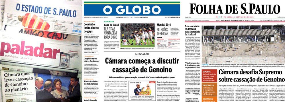 Dos três grandes, apenas ela considerou a decisão da Câmara dos Deputados, de submeter ao plenário a cassação de José Genoino, um ato de insubordinação diante do Supremo Tribunal Federal; nem o Globo, nem o Estado de S. Paulo foram tão longe; nesse embate, quem tem razão é o presidente da Câmara, Henrique Alves (PMDB-RN), uma vez que a Constituição assegura as prerrogativas da Casa e reconhece a independência entre os poderes