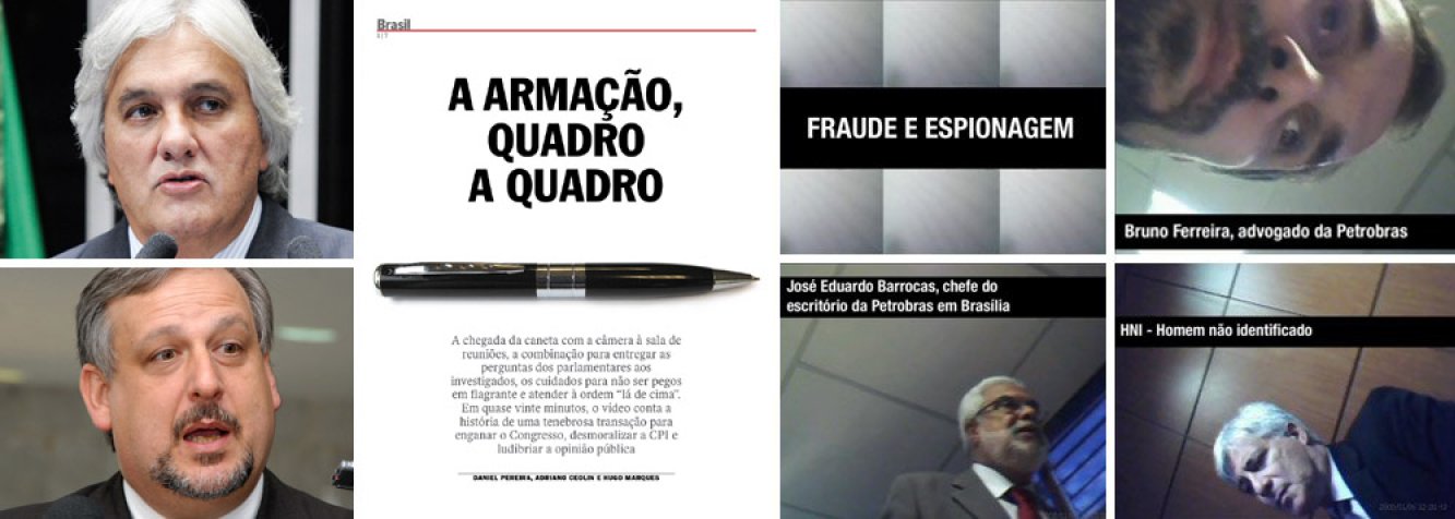 Cobrada por ter editado a fita sobre a suposta farsa na CPI da Petrobras, a revista Veja publicou, neste fim de semana, a íntegra das imagens de uma reunião ocorrida da empresa; ao que tudo indica, o dono da caneta espiã é o advogado Bruno Ferreira; é ele quem, nos momentos mais importantes da gravação, tenta induzir seus superiores a indicar a suposta trama denunciada pela revista; perícia contratada pelo senador Delcídio Amaral (PT-MS) contestou edição das imagens; em entrevista, o ministro Ricardo Berzoini classificou o escândalo como "cortina de fumaça" para encobrir o que chamou de "aécioporto"; internamente, na Petrobras, o caso foi classificado como "molecagem"