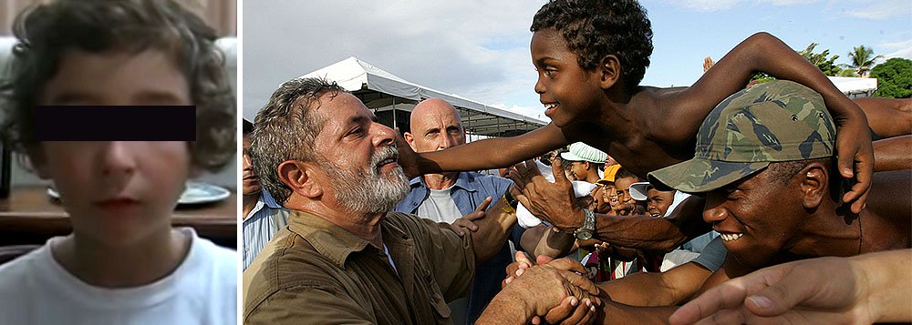 Num vídeo postado no YouTube, uma mãe estimula o filho de apenas cinco anos a transmitir a seguinte mensagem: Lula cortou seu dedo mindinho quando era operário para assim conseguir roubar o povo brasileiro; no vídeo, sob o olhar carinhoso da mãe, ele liga para a polícia e prende o ex-presidente; postura abjeta dos pais desse menino, que usam o filho para propagandear sua própria intolerância, viola o estatuto da criança e do adolescente; "Nenhuma criança ou adolescente será objeto de qualquer forma de negligência, discriminação, exploração, violência, crueldade e opressão, punido na forma da lei qualquer atentado, por ação ou omissão, aos seus direitos fundamentais", diz o artigo quinto