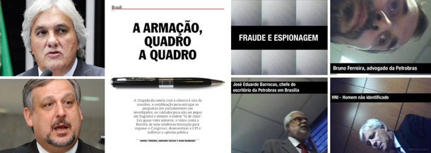 Cobrada por ter editado a fita sobre a suposta farsa na CPI da Petrobras, a revista Veja publicou, neste fim de semana, a íntegra das imagens de uma reunião ocorrida da empresa; ao que tudo indica, o dono da caneta espiã é o advogado Bruno Ferreira; é ele quem, nos momentos mais importantes da gravação, tenta induzir seus superiores a indicar a suposta trama denunciada pela revista; perícia contratada pelo senador Delcídio Amaral (PT-MS) contestou edição das imagens; em entrevista, o ministro Ricardo Berzoini classificou o escândalo como "cortina de fumaça" para encobrir o que chamou de "aécioporto"; internamente, na Petrobras, o caso foi classificado como "molecagem"