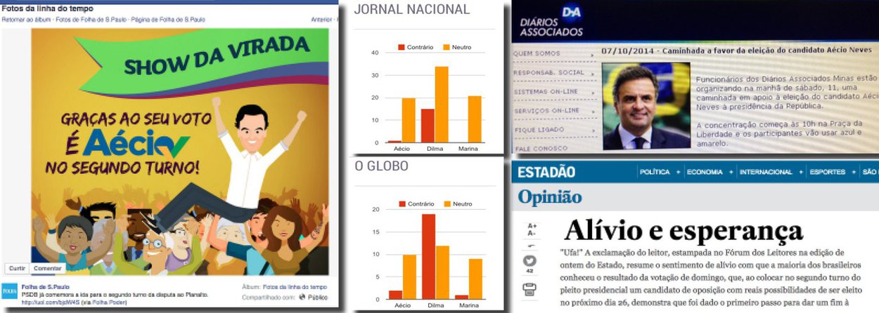 Nas redes sociais, jornais Folha de S. Paulo e Estado comemoram passagem de Aécio Neves para segundo turno; “Ufa!”, suspira editorial do Estadão; concorrente da rua Barão de Limeira divulgou panfleto tucano sem nem dar tratamento de notícia, mas como adesão, em sua página no Facebook; Diários Associados convocaram jornalistas e funcionários para passeata pró-tucano; na semana anterior ao primeiro turno, Jornal Nacional e Folha aumentaram exposição negativa da presidente Dilma Rousseff, conforme apurou o manchetômetro, da Uerj; neutralidade dedicada apenas a Aécio e Marina Silva