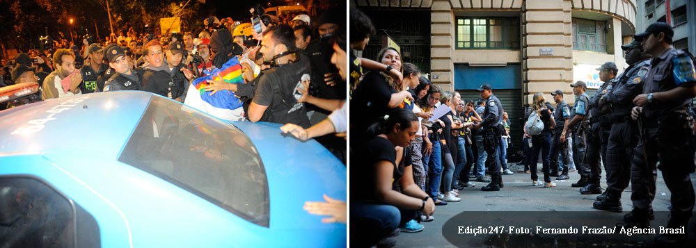 O ato ocorreu sem tumulto na maior parte do tempo, mas acabou em conflito por volta das 21h, quando os black blocs foram dispersados pela Tropa de Choque da PM. Pelo menos um jovem ficou levemente ferido. Um carro de reportagem do SBT foi pichado pelos manifestantes e precisou deixar o local rapidamente