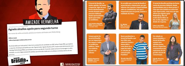 O Jornal de Brasília publicou nesta segunda-feira (20) nota rebatendo a acusação feita, durante o programa eleitoral, pelo candidato ao governo do Distrito Federal, Rodrigo Rollemberg (PSB), de que o veículo de comunicação estaria a serviço da campanha do também candidato Jofran Frejat (PR); Rollemberg referia-se à reportagem publicada no dia 15 de outubro com o título "Agnelo sinaliza apoio para segundo turno";Frejat soube aproveitar a deixa e reproduziu a página do jornal nas redes 