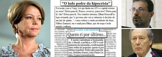 Ao classificar o magistrado Luiz Roberto Ayoub como um juiz “de quinta”, a jornalista Eliane Cantanhêde foi condenada a pagar uma indenização de mais de R$ 100 mil; nesta quinta-feira, ela reincidiu no risco, ao comparar o ministro Ricardo Lewandowski a três réus do chamado “mensalão”, dizendo que o juiz do Supremo Tribunal Federal também poderá “rir por último” depois da aceitação dos embargos infringentes; ela gosta de viver perigosamente