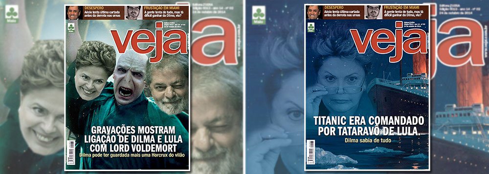 Após capa que acusa Dilma e Lula de saberem do esquema de corrupção na Petrobras, revista ganha montagens que responsabilizam o PT por casos absurdos: "Titanic era comandado por tataravô de Lula", diz uma; "Dilma foi a pivô das 45 separações de Gretchen", aponta outra; internautas acusam ainda a presidente e o antecessor de quererem o fim dos Beatles e de terem ligação com Lord Voldemort, o vilão da saga Harry Potter