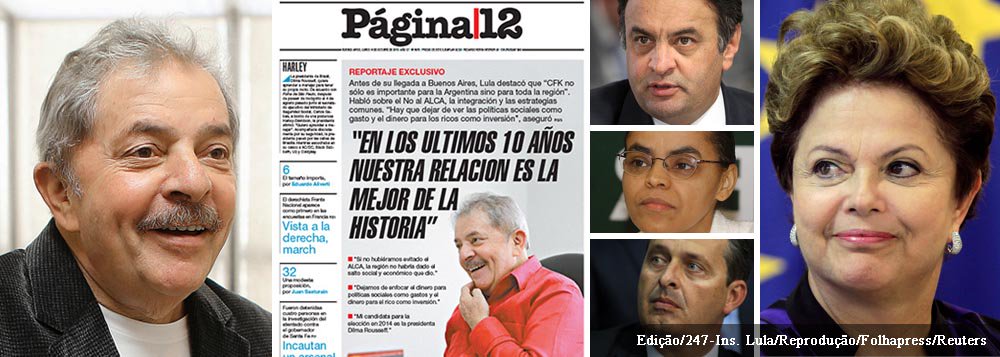 Como dublê de candidato a presidente em 2014, Lula fala ao jornal Página 12, da Argentina, cobrindo a frente externa para a presidente Dilma Rousseff, mas sem descuidar dos adversários eleitorais; "A maioria da população vê Dilma como a única capaz de garantir o aprofundamento das reformas sem permitir retrocesso", disse ele; às vésperas de uma conferência em Buenos Aires, Lula bateu duro nos Estados Unidos; "O Alca não era um processo de integração econômica, mas de anexação da América Latina aos Estados Unidos", disse; perguntado pelo jornalista Martín Granovsky se sua candidatura no lugar de Dilma é uma hipótese "absolutamente descartada" para 2014, Lula apenas respondeu com elogios a Dilma; leia íntegra